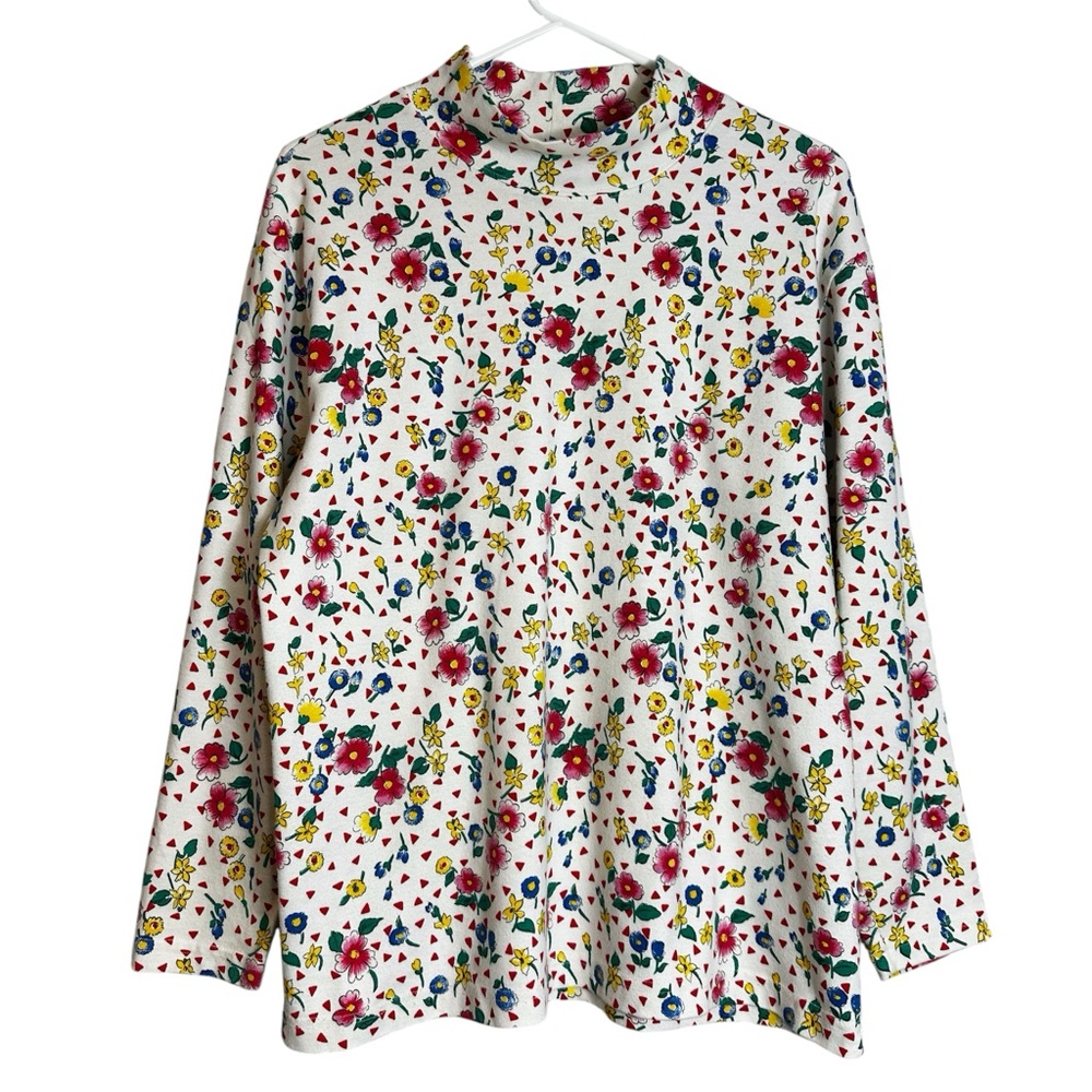 Vintage Ivory International Floral Mock Neck Pullover Top FLAW
